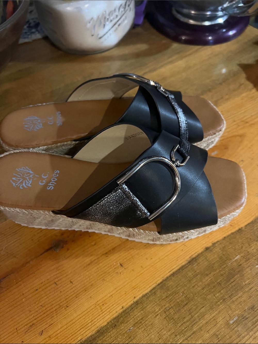 GC Shoes Lindsey size 6.5 Black Espadrille Slide Mules with Silver Buckle